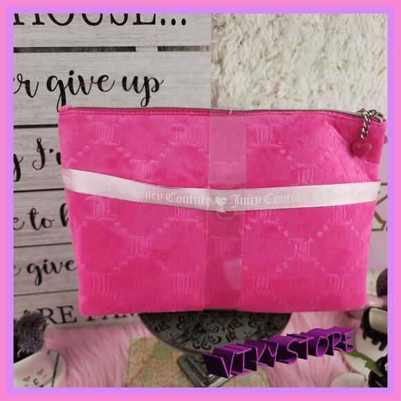 💕 NWT Juicy Couture Pink Velvet Cosmetic Bag Set w/ Brush Holder #7195 💕 - Picture 3 of 5